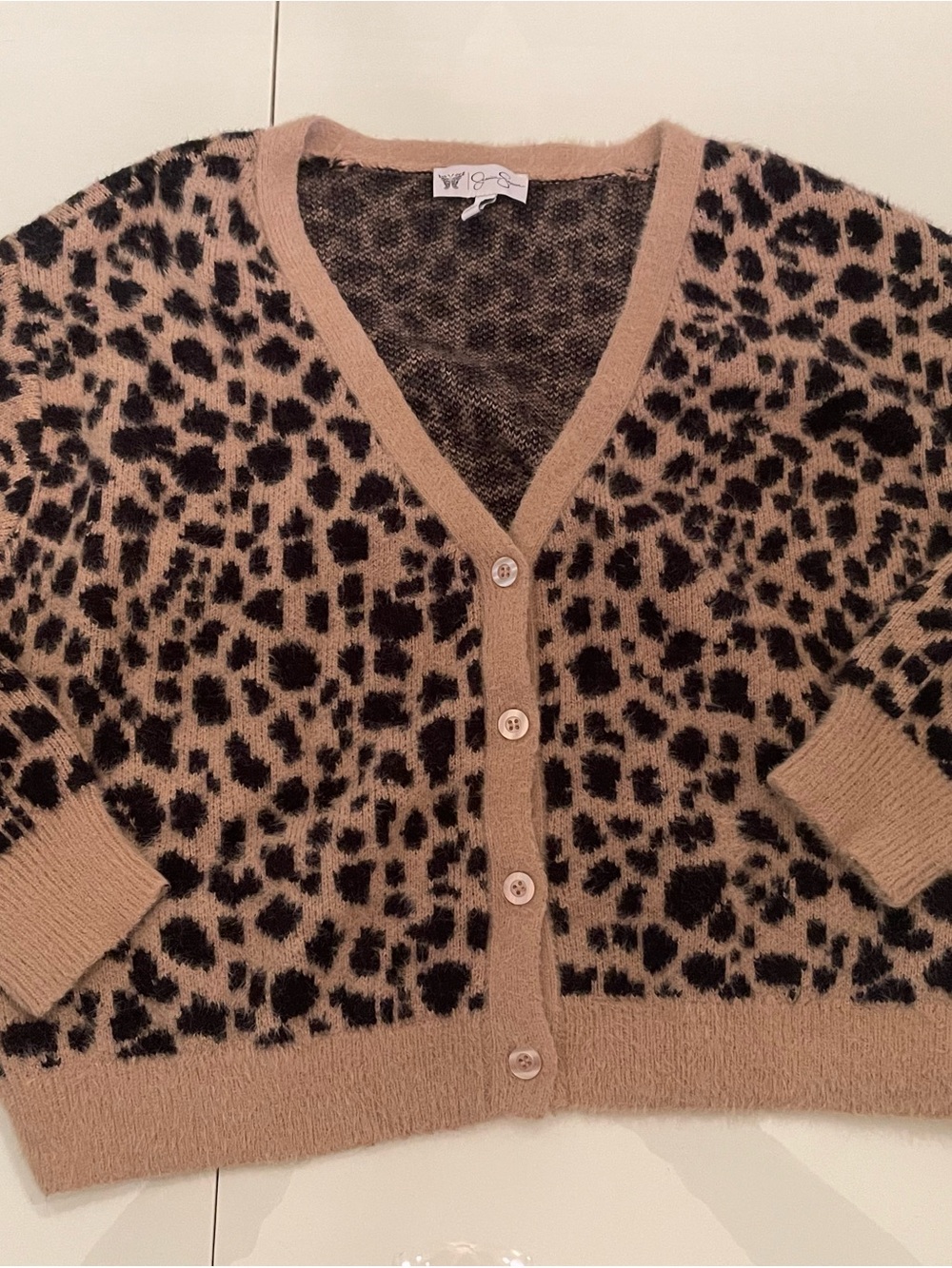 Jessica Simpson Beige and Black Leopard V-Neck Cardigan